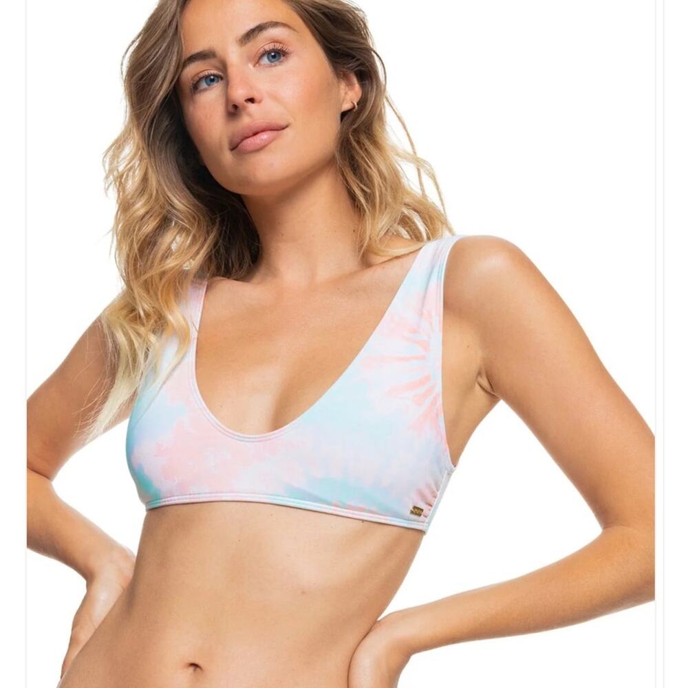 Roxy Nautilus Elongated Triangle Bikini Swim Top Orange Aqua Tie Dye Size Large